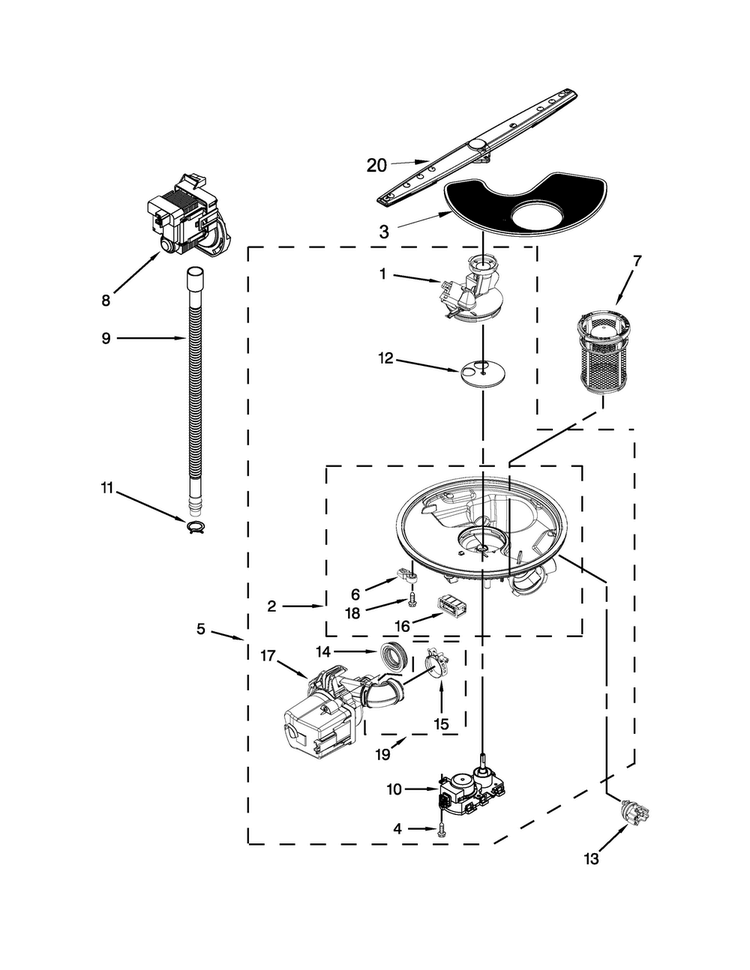 Pump, Washarm And Motor Parts Diagram and Parts List for WDF730PAYW7  Whirlpool Dishwasher