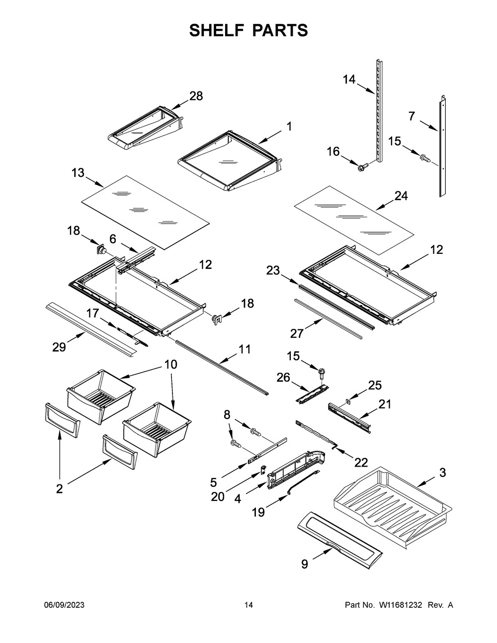 Shelf Parts Diagram and Parts List for WRF555SDHW07  Whirlpool Refrigerator