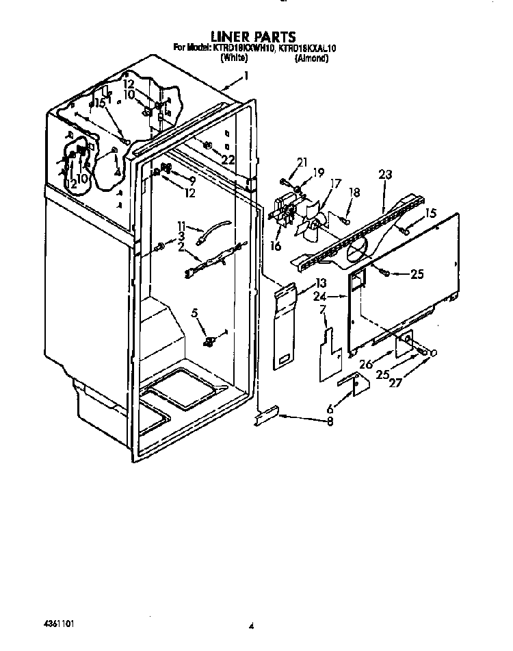 Liner Diagram and Parts List for KTRD18KXWH00  KitchenAid Refrigerator