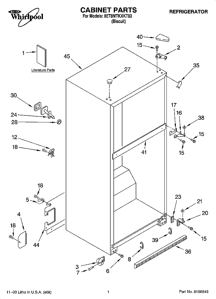CABINET PARTS Diagram and Parts List for 8ET8MTKXKT03  Whirlpool Refrigerator