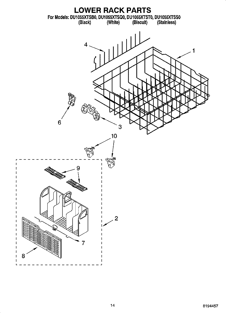 LOWER RACK PARTS, OPTIONAL PARTS (NOT INCLUDED) Diagram and Parts List for DU1055XTST0  Whirlpool Dishwasher