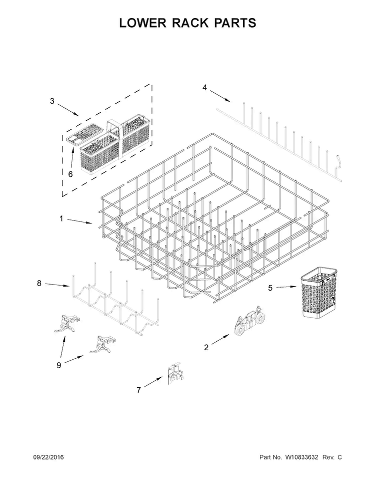 Lower Rack Parts Diagram and Parts List for KDTM354ESS1  KitchenAid Dishwasher