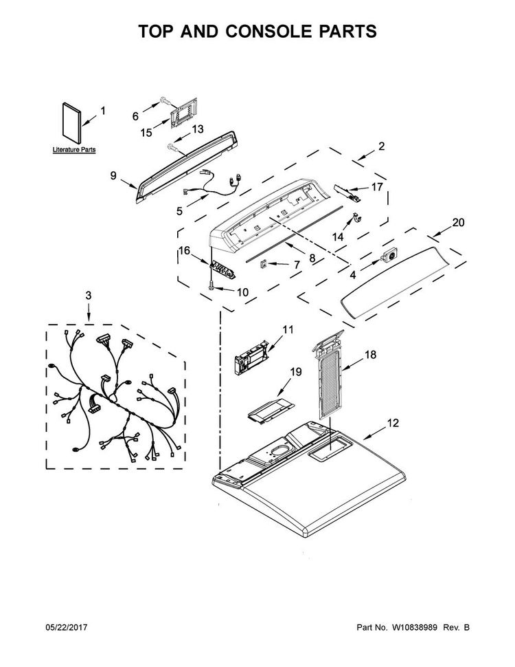 Top And Console Parts Diagram and Parts List for WGD7300DW1  Whirlpool Dryer