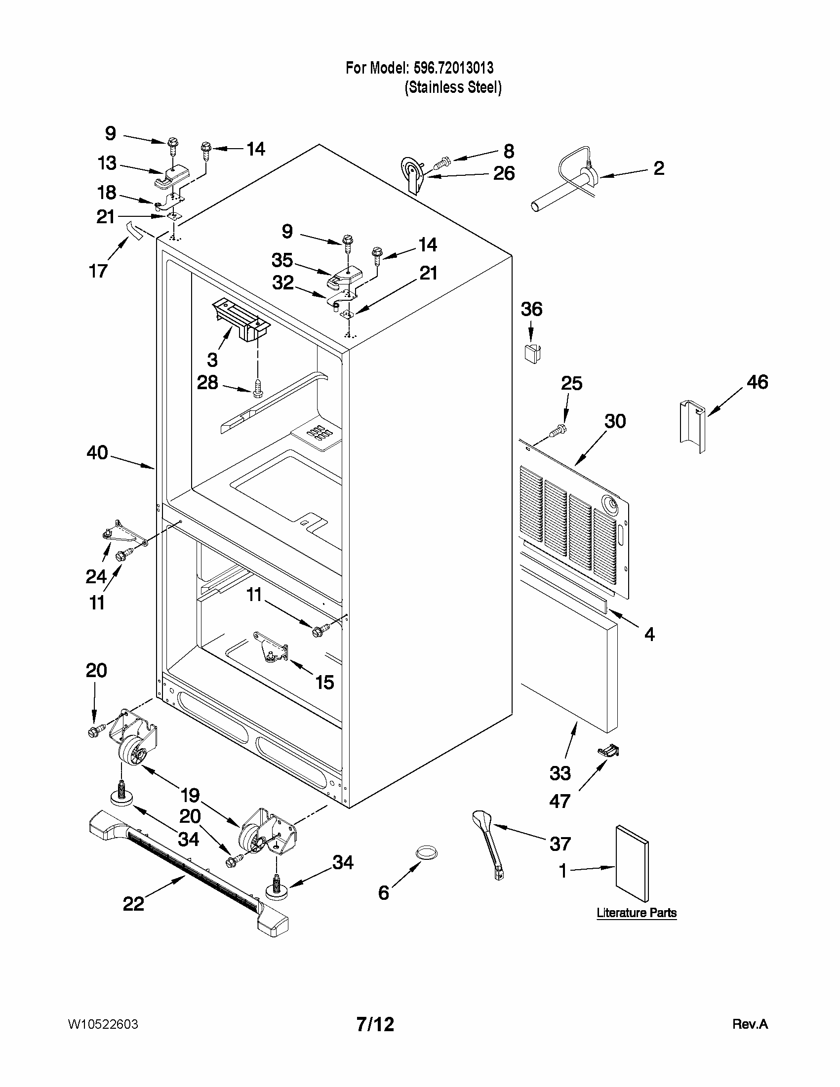 Cabinet Parts Diagram and Parts List for 59672013013  Kenmore Refrigerator