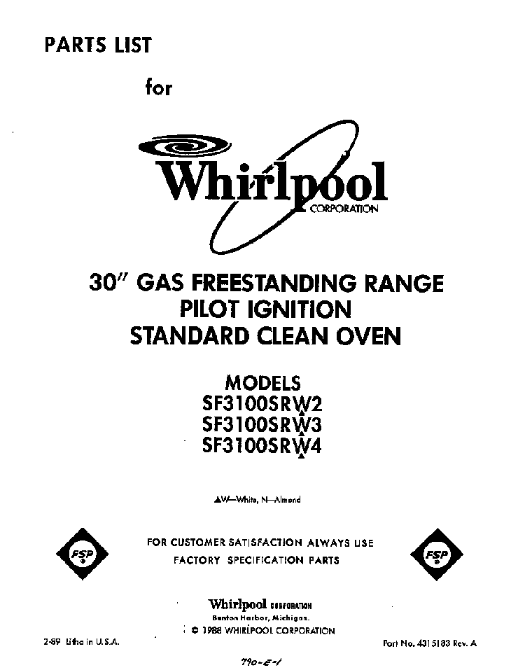 Front Cover Diagram and Parts List for SF3100SRW3  Whirlpool Range