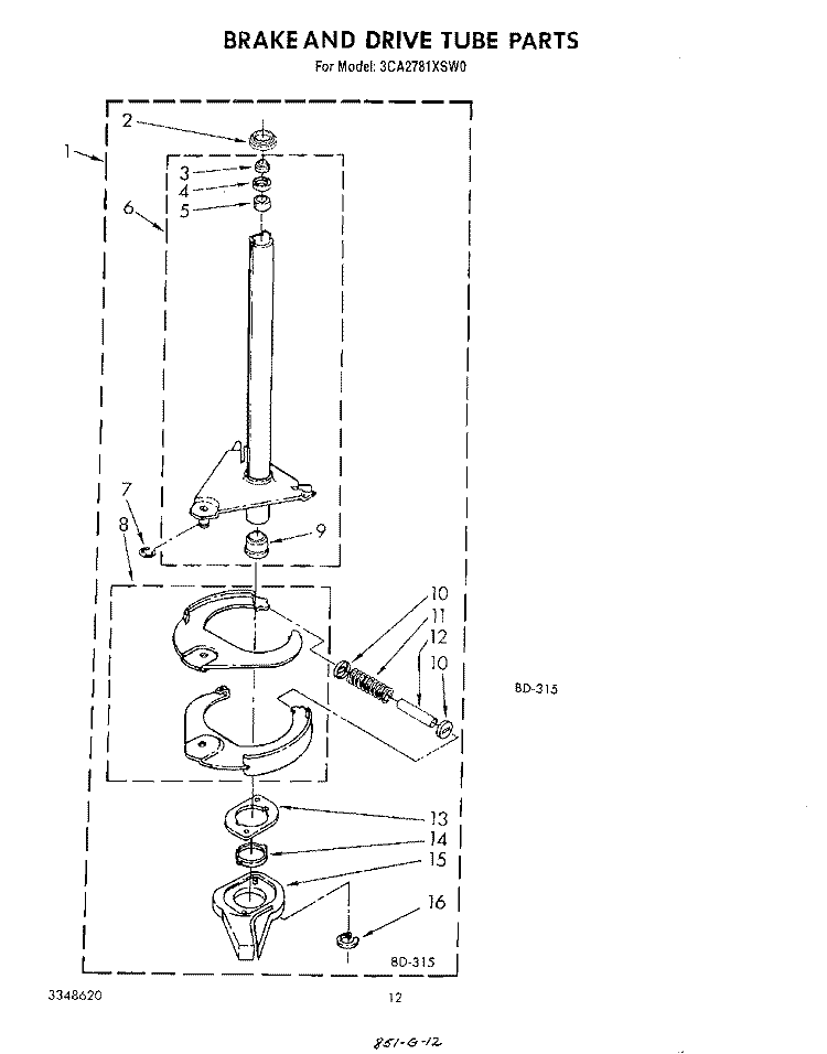BRAKE AND DRIVE TUBE Diagram and Parts List for 3CA2781XSW0  Whirlpool Washer