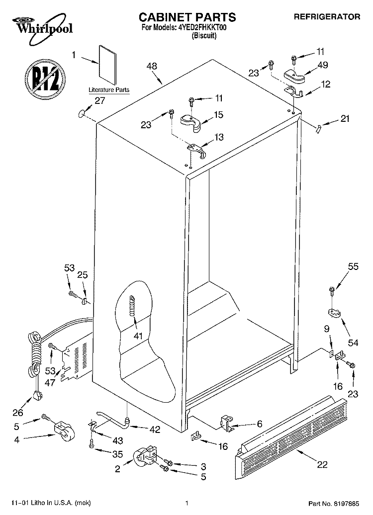 CABINET, LITERATURE Diagram and Parts List for 4YED2FHKKT00  Whirlpool Refrigerator