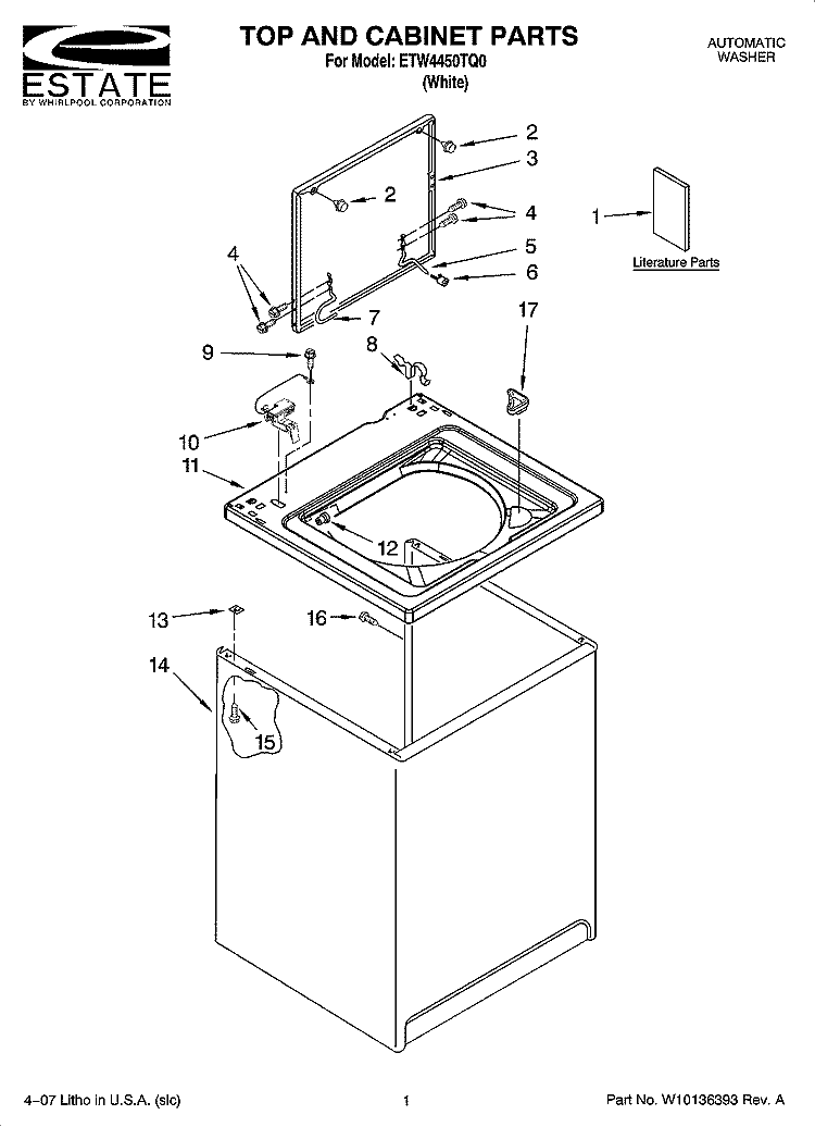 TOP AND CABINET PARTS Diagram and Parts List for ETW4450TQ0  Estate Washer