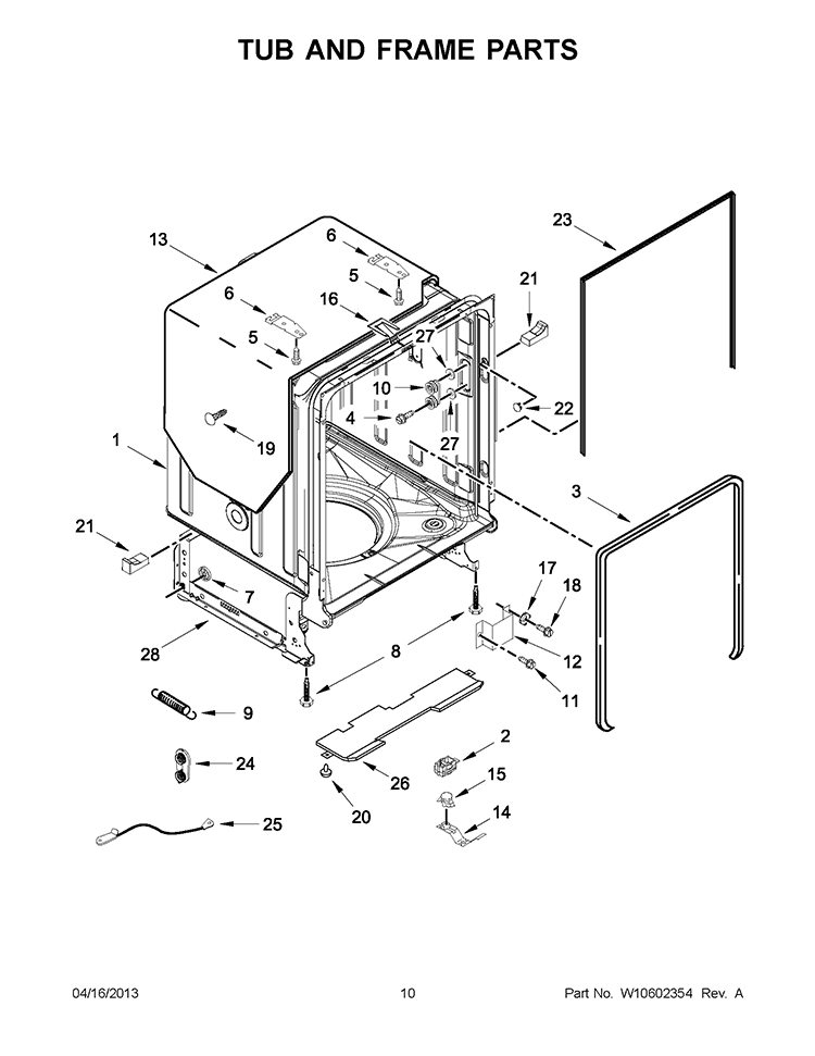 TUB AND FRAME PARTS Diagram and Parts List for WDT790SLYM2  Whirlpool Dishwasher