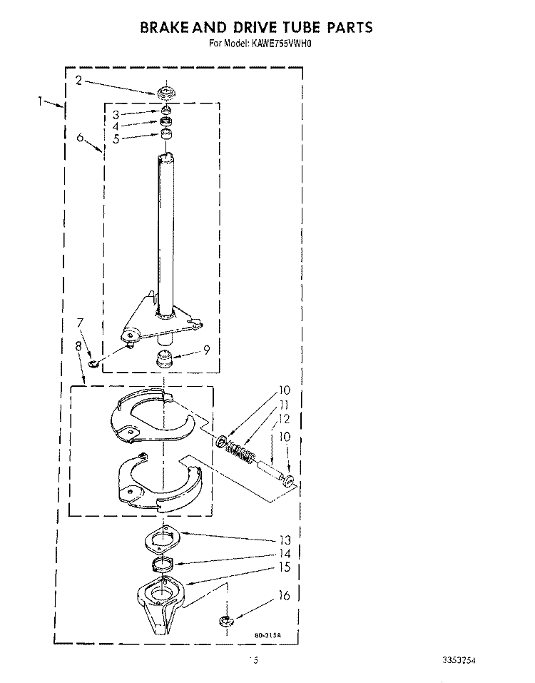 BRAKE AND DRIVE TUBE Diagram and Parts List for KAWE755VWH0  KitchenAid Washer