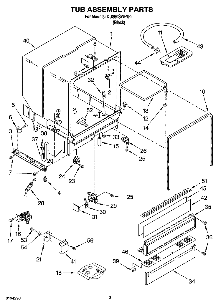 TUB ASSEMBLY PARTS Diagram and Parts List for DU850SWPU0  Whirlpool Dishwasher