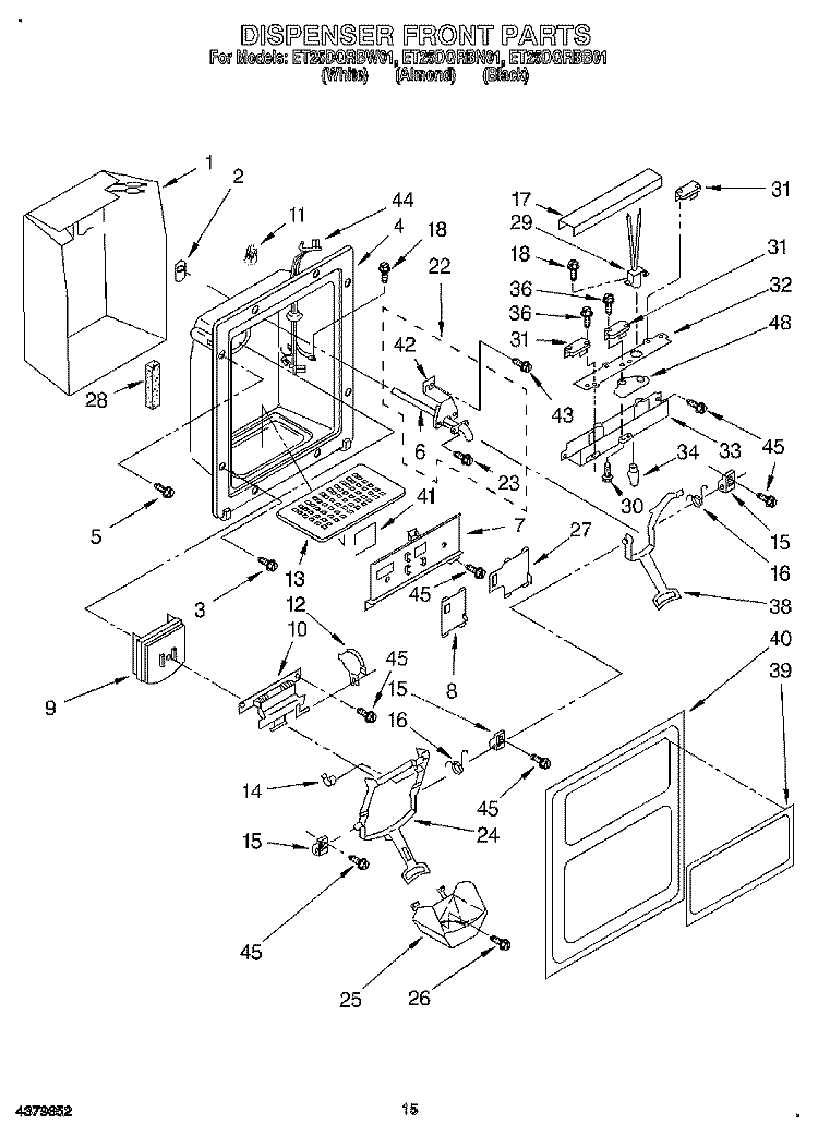 DISPENSER FRONT Diagram and Parts List for ET25DQRBN01  Whirlpool Refrigerator