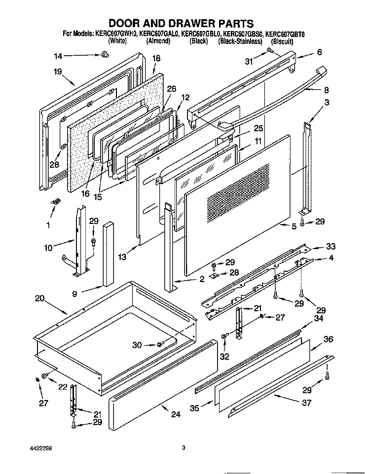 DOOR AND DRAWER Diagram and Parts List for KERC607GBS0  KitchenAid Range