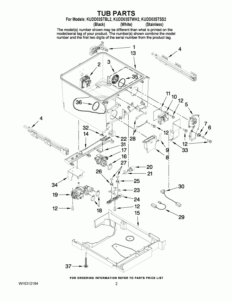TUB PARTS Diagram and Parts List for KUDD03STBL2  KitchenAid Dishwasher