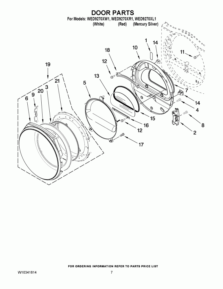 DOOR PARTS Diagram and Parts List for WED9270XL1  Whirlpool Dryer