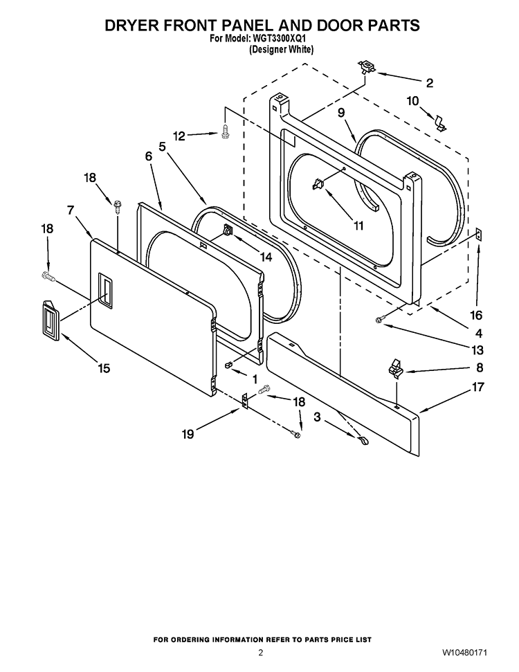 DRYER FRONT PANEL AND DOOR PARTS Diagram and Parts List for WGT3300XQ1  Whirlpool Washer Dryer Combo