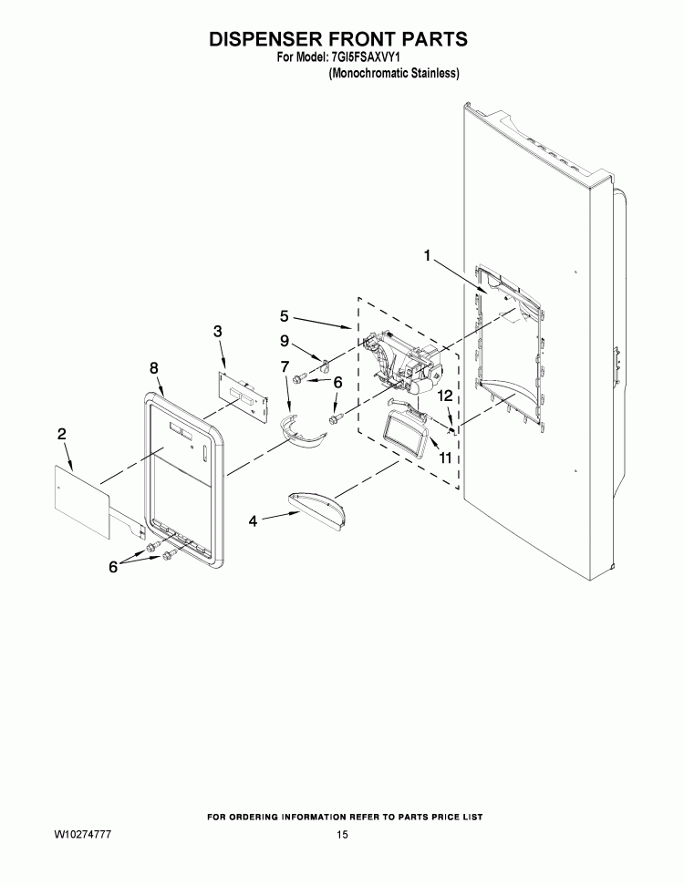 DISPENSER FRONT PARTS Diagram and Parts List for 7GI5FSAXVY1  Whirlpool Refrigerator
