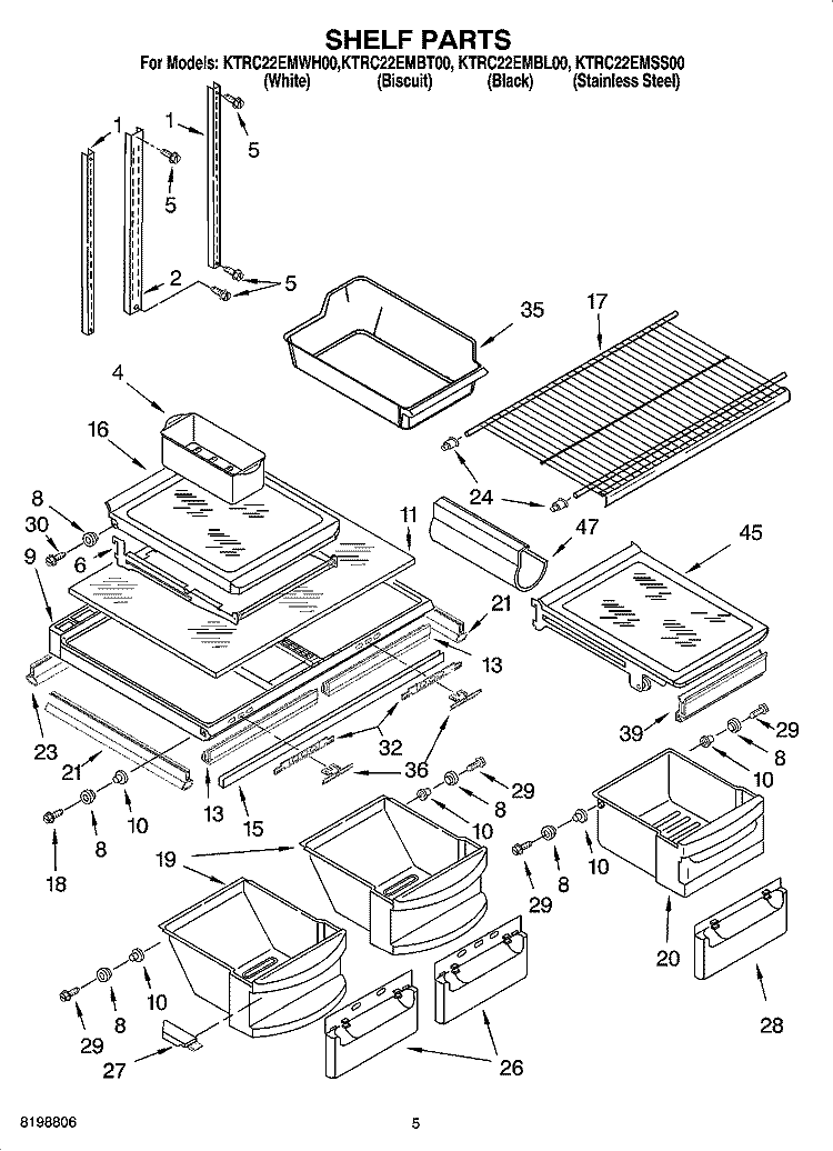 SHELF PARTS Diagram and Parts List for KTRC22EMBT00  KitchenAid Refrigerator