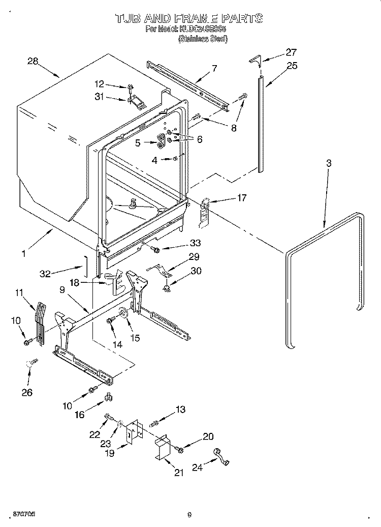 TUB AND FRAME Diagram and Parts List for KUDC24SESS5  KitchenAid Dishwasher