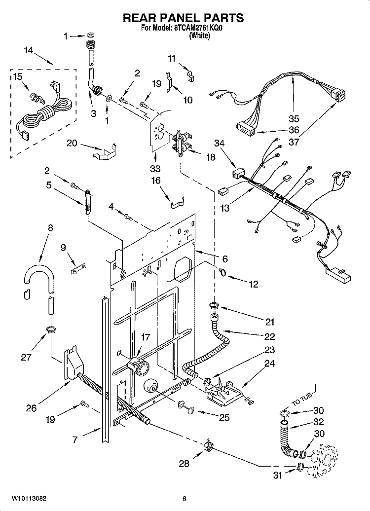 REAR PANEL PARTS Diagram and Parts List for 8TCAM2761KQ0  Whirlpool Washer