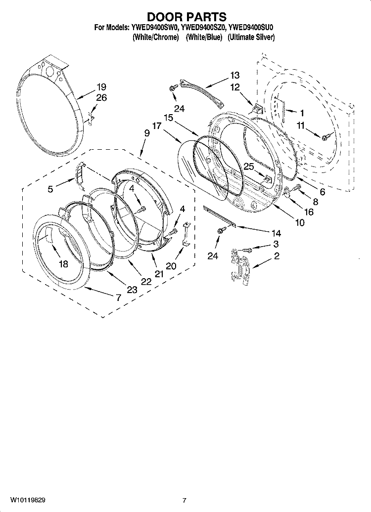 DOOR PARTS, OPTIONAL PARTS (NOT INCLUDED) Diagram and Parts List for YWED9400SU0  Whirlpool Dryer