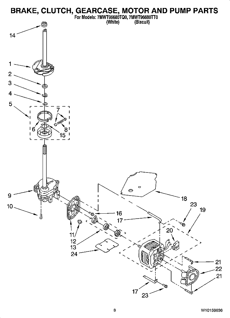 BRAKE, CLUTCH, GEARCASE, MOTOR AND PUMP PARTS Diagram and Parts List for 7MWT96680TT0  Whirlpool Washer