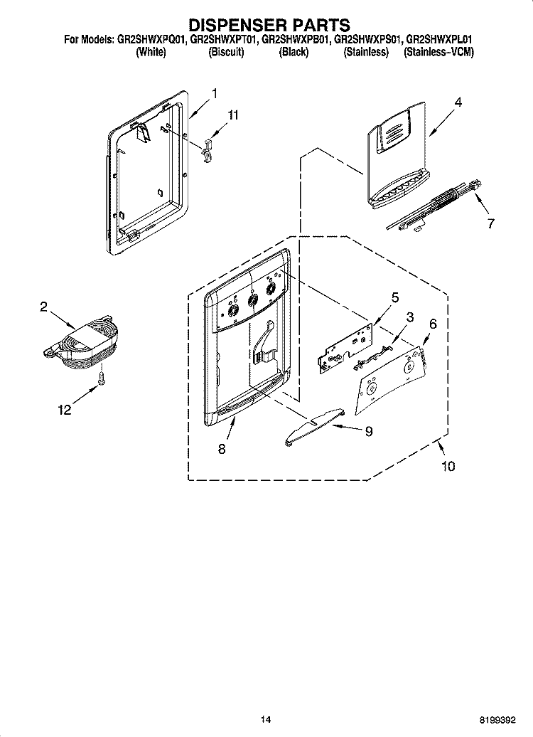 DISPENSER PARTS, OPTIONAL PARTS Diagram and Parts List for GR2SHWXPL01  Whirlpool Refrigerator