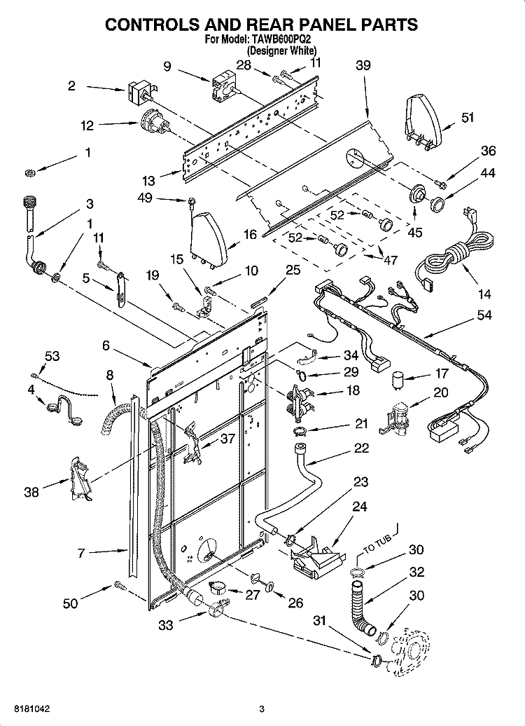 CONTROLS AND REAR PANEL PARTS Diagram and Parts List for TAWB600PQ2  Estate Washer