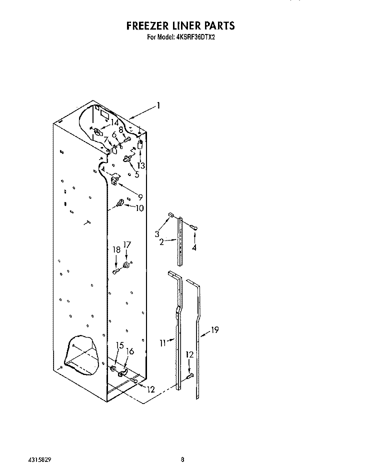 FREEZER LINER Diagram and Parts List for 4KSRF36DTX2  KitchenAid Refrigerator