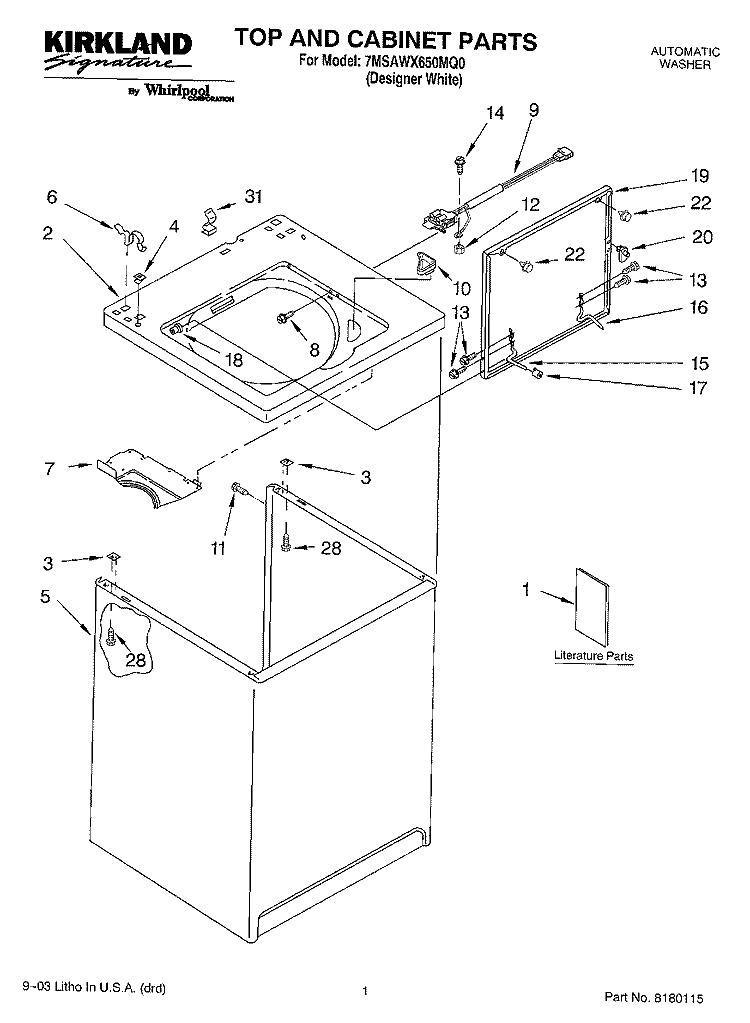 TOP AND CABINET PARTS Diagram and Parts List for 7MSAWX650MQ0  Whirlpool Washer