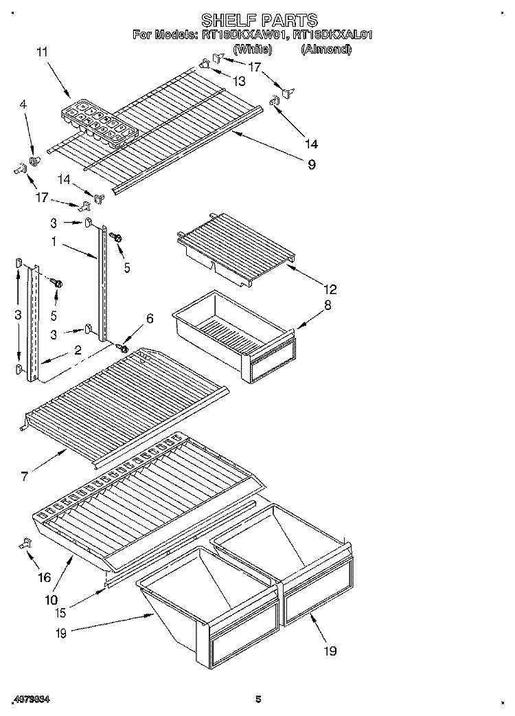 SHELF Diagram and Parts List for RT18DKXAL01  Roper Refrigerator