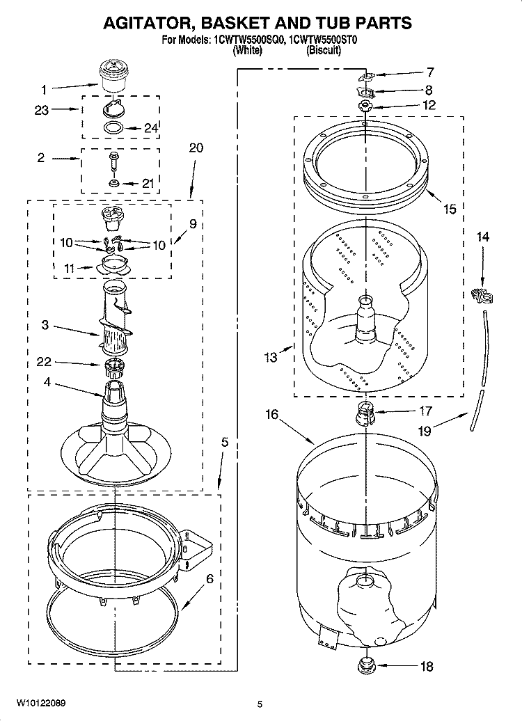 AGITATOR, BASKET AND TUB PARTS Diagram and Parts List for 1CWTW5500SQ0  Whirlpool Washer