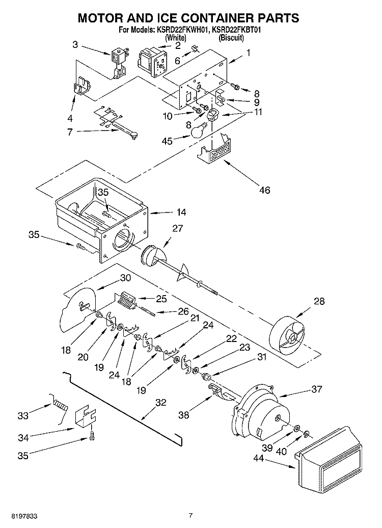 MOTOR AND ICE CONTAINER Diagram and Parts List for KSRD22FKBT01  KitchenAid Refrigerator