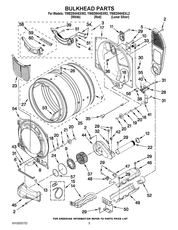 BULKHEAD PARTS Diagram and Parts List for YWED94HEXW2  Whirlpool Dryer