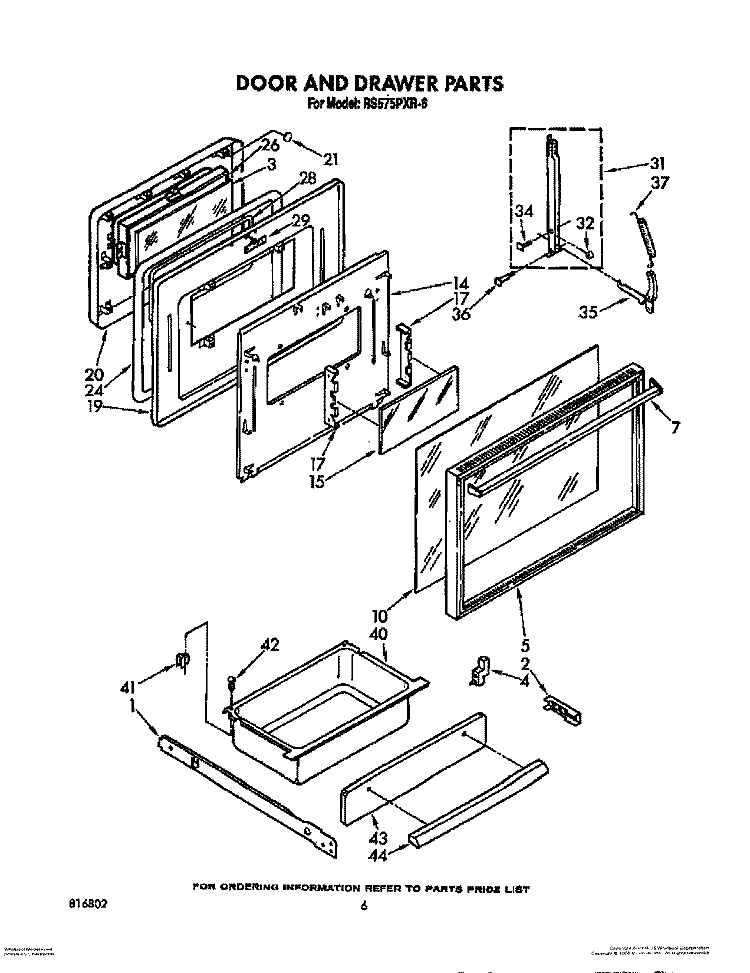 DOOR AND DRAWER Diagram and Parts List for RS575PXR6  Whirlpool Range