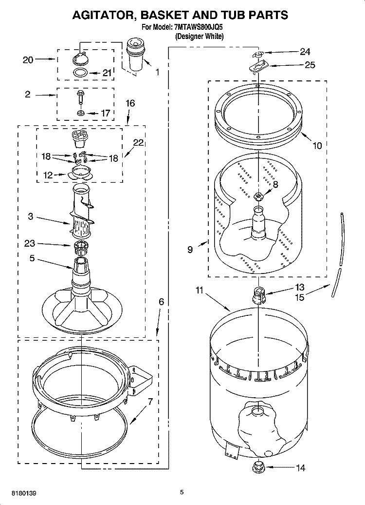 AGITATOR, BASKET AND TUB PARTS Diagram and Parts List for 7MTAWS800JQ5  Estate Washer