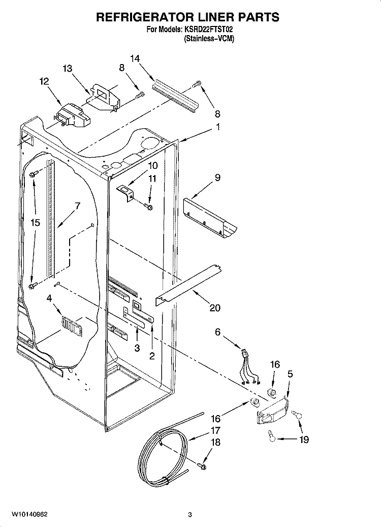 REFRIGERATOR LINER PARTS Diagram and Parts List for KSRD22FTST02  KitchenAid Refrigerator