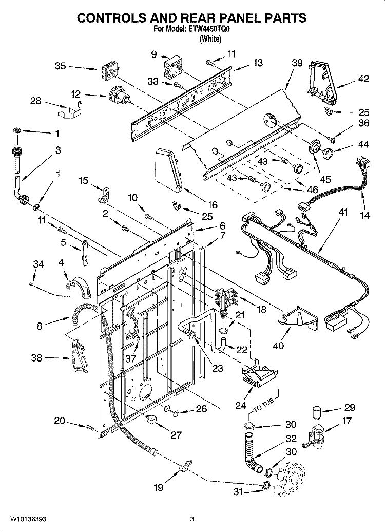 CONTROLS AND REAR PANEL PARTS Diagram and Parts List for ETW4450TQ0  Estate Washer