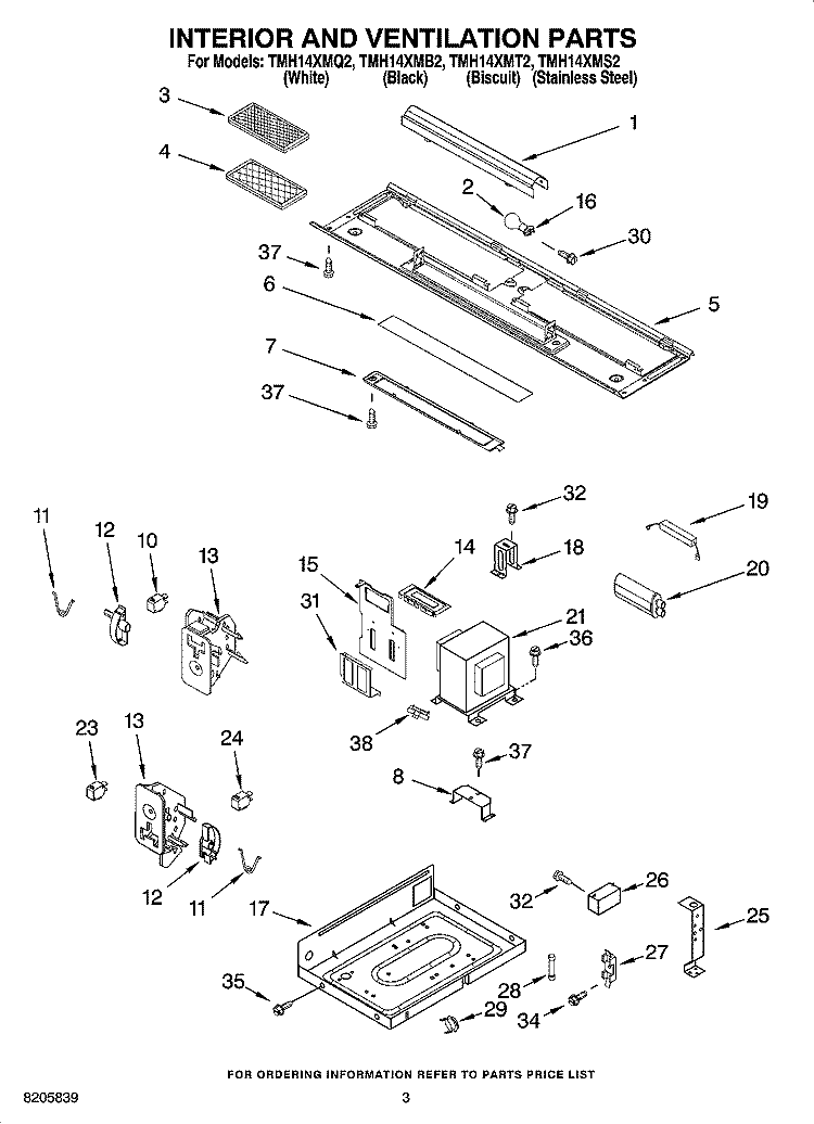 INTERIOR AND VENTILATION PARTS Diagram and Parts List for TMH14XMS2  Estate Microwave