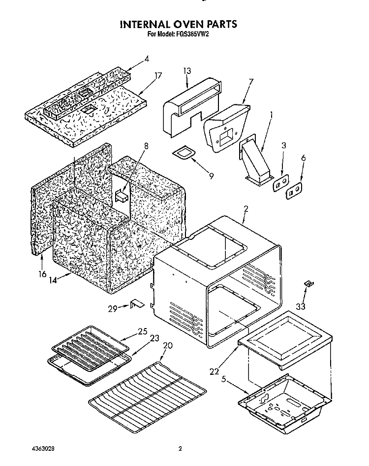 INTERNAL OVEN Diagram and Parts List for FGS385VL2  Whirlpool Range