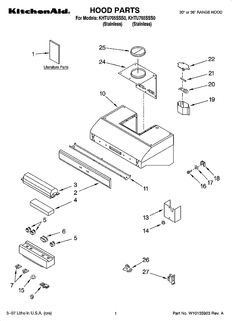 HOOD PARTS Diagram and Parts List for KHTU705SSS0  KitchenAid Range Hood