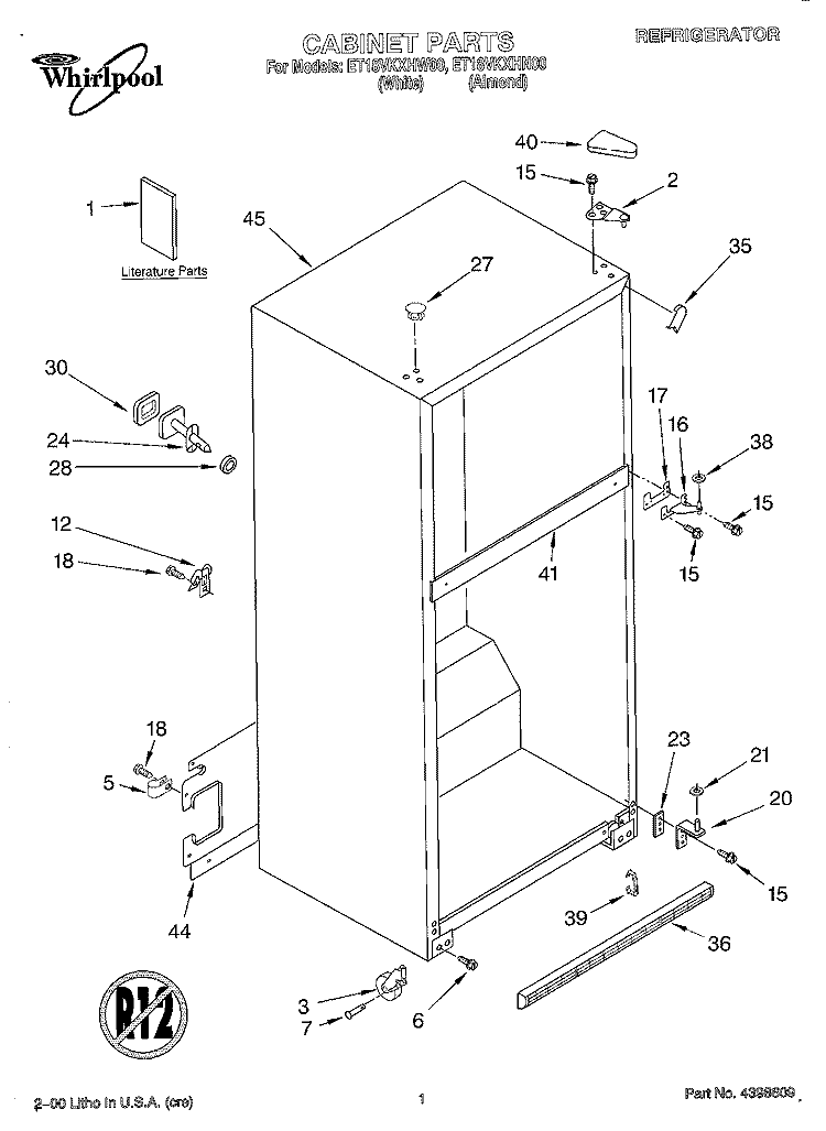 CABINET, LITERATURE Diagram and Parts List for ET18VKXHW00  Whirlpool Refrigerator