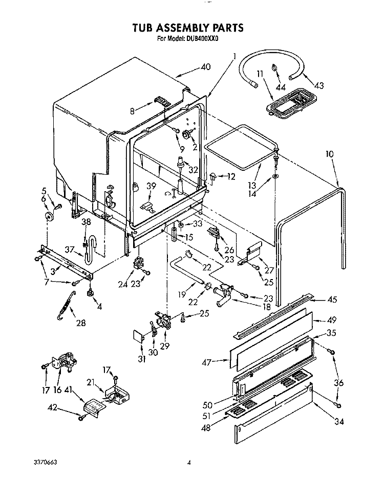 TUB ASSEMBLY, LIT/OPTIONAL Diagram and Parts List for DU8400XX0  Whirlpool Dishwasher