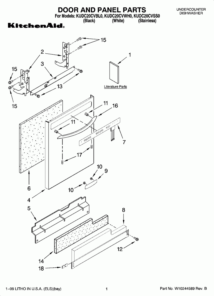 DOOR AND PANEL PARTS Diagram and Parts List for KUDC20CVBL0  KitchenAid Dishwasher