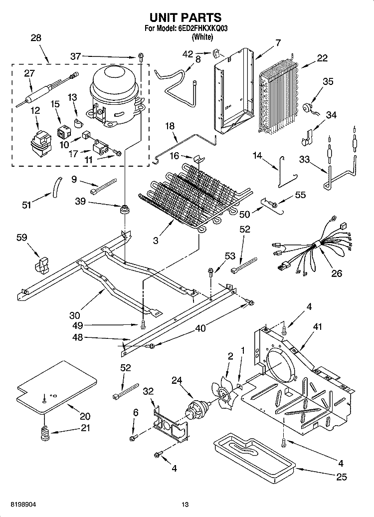 UNIT PARTS, PARTS NOT ILLUSTRATED Diagram and Parts List for 6ED2FHKXKQ03  Whirlpool Refrigerator