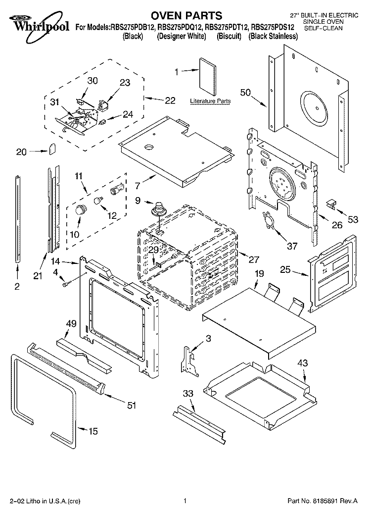 OVEN, LITERATURE Diagram and Parts List for RBS275PDT12  Whirlpool Wall Oven