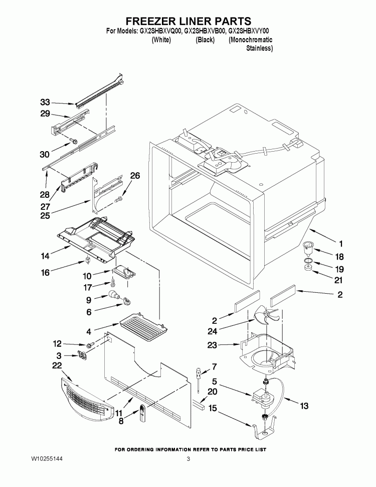 FREEZER LINER PARTS Diagram and Parts List for GX2SHBXVQ00  Whirlpool Refrigerator