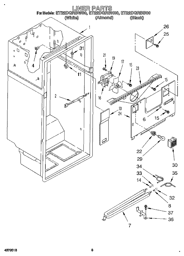 LINER Diagram and Parts List for ET22DQRBW00  Whirlpool Refrigerator