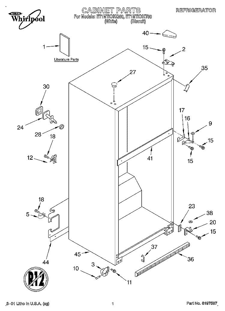 CABINET, LITERATURE Diagram and Parts List for ET1MTKXKT00  Whirlpool Refrigerator
