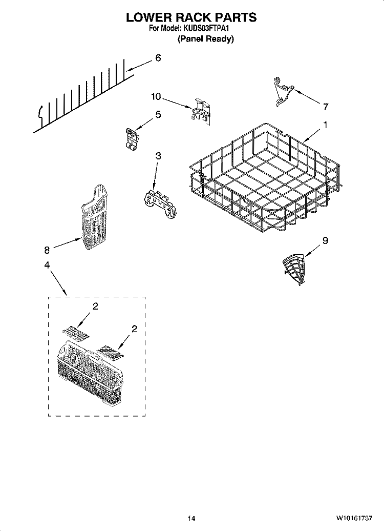 LOWER RACK PARTS, OPTIONAL PARTS (NOT INCLUDED) Diagram and Parts List for KUDS03FTPA1  KitchenAid Dishwasher